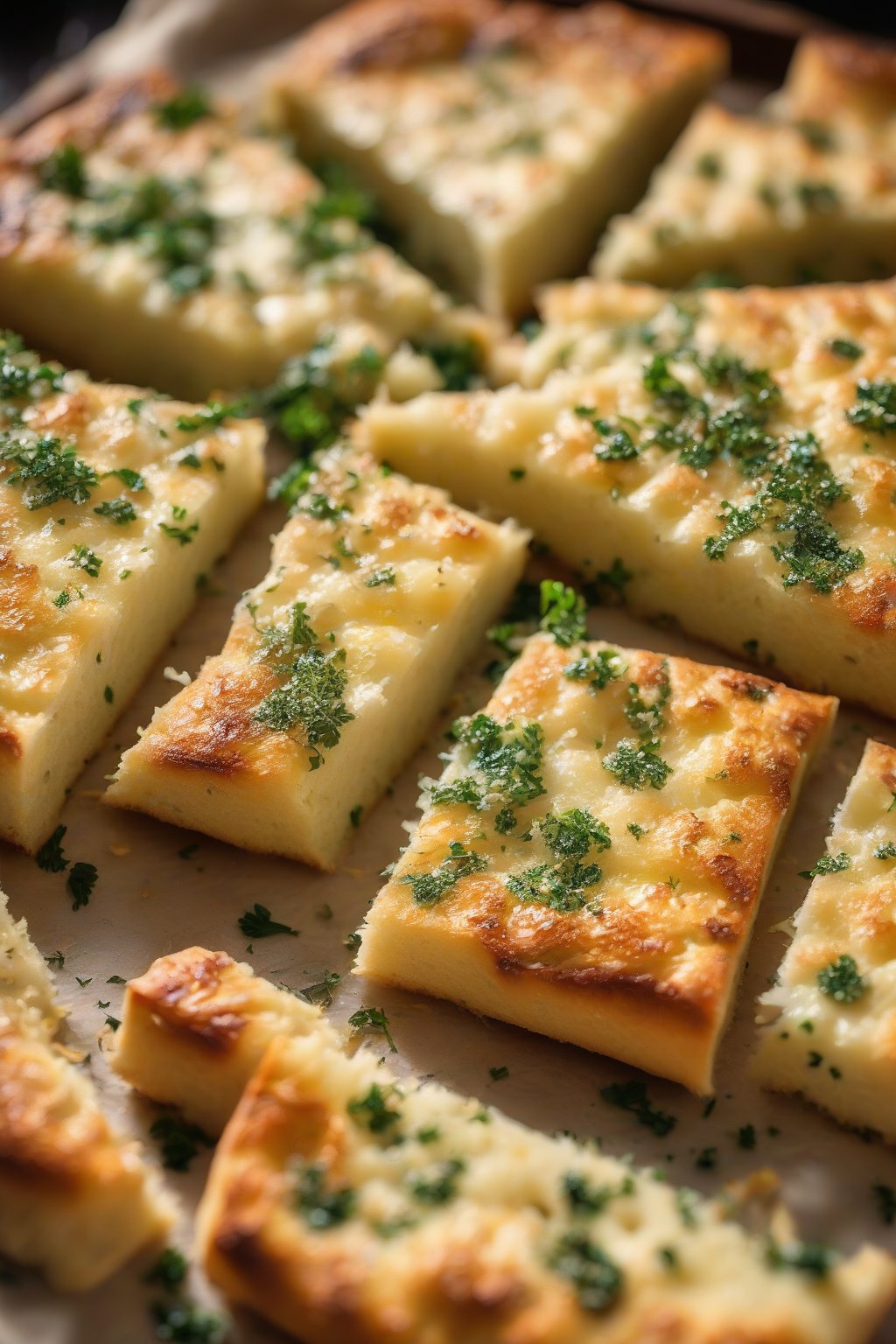 A close-up photo of Parmesan-crusted focaccia with green parsley flecks, cheesy melts and dimples, under soft lighting.