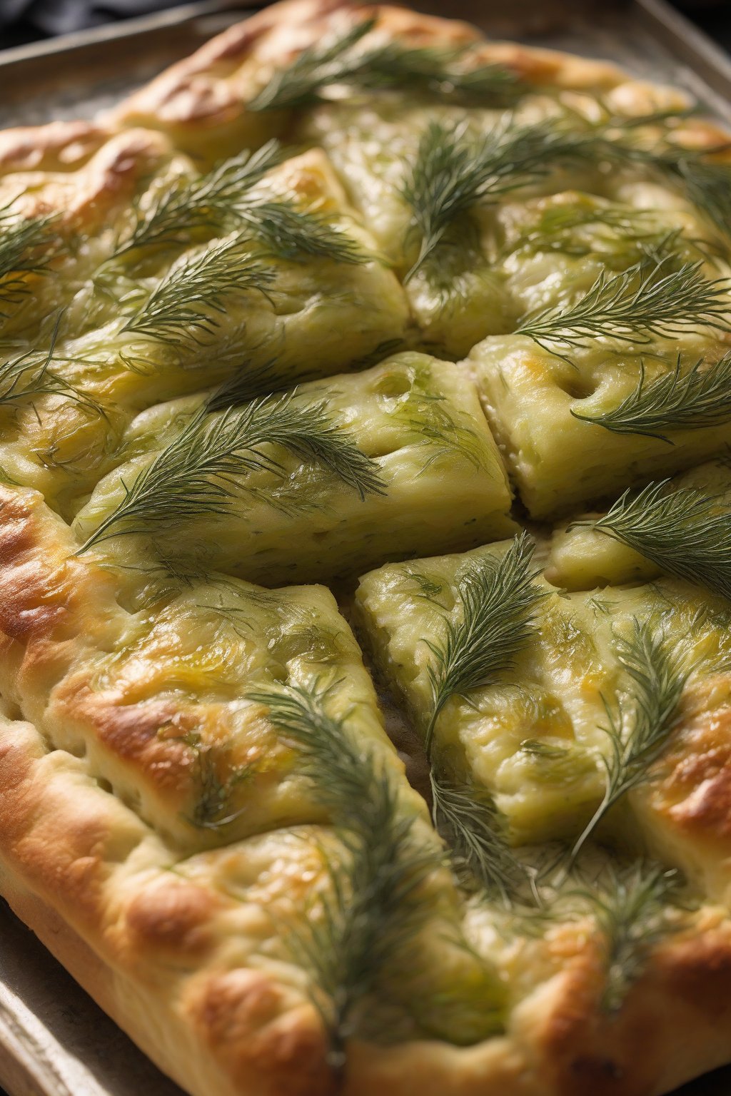 A close-up photo of pickle-topped focaccia with dill fronds, briny green accents on puffy crust, under soft lighting.