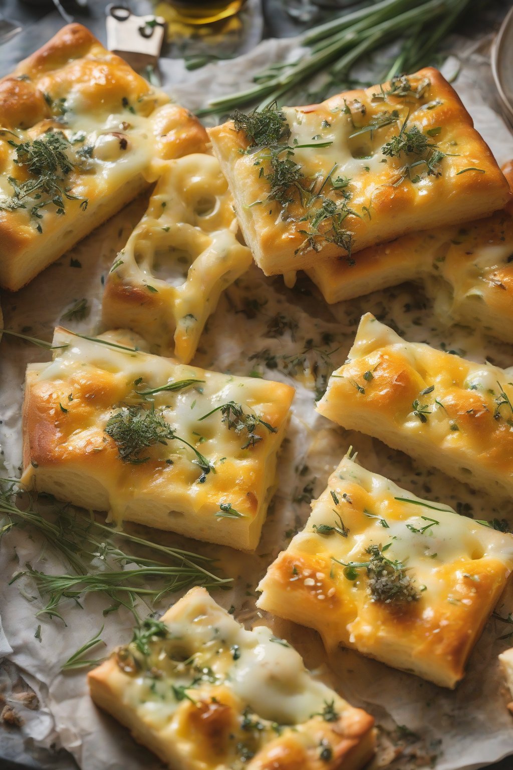 A close-up photo of cheddar-melted focaccia with chive flecks, gooey pools and herb pops, under soft lighting.