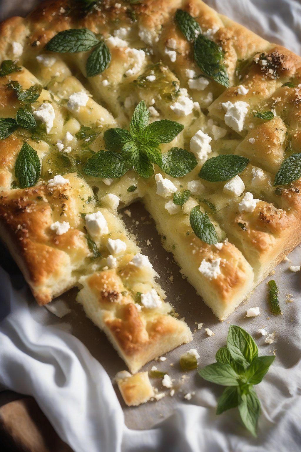 A close-up photo of feta-crumbled focaccia with mint leaves, white curds against olive oil shine, under soft lighting.