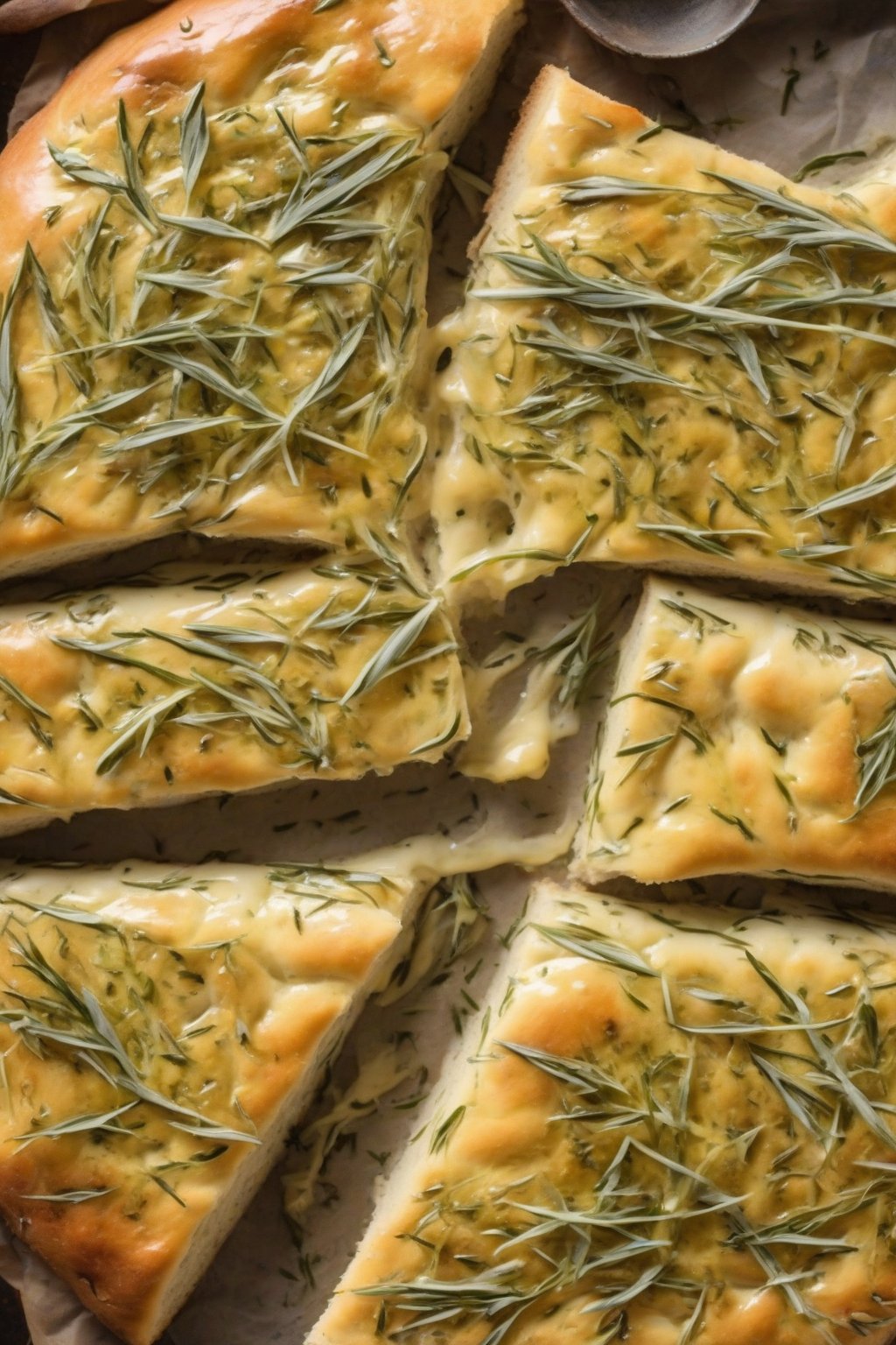 A close-up photo of tarragon-topped focaccia with mustard glaze, herbal elegance and crusty edges, under soft lighting.