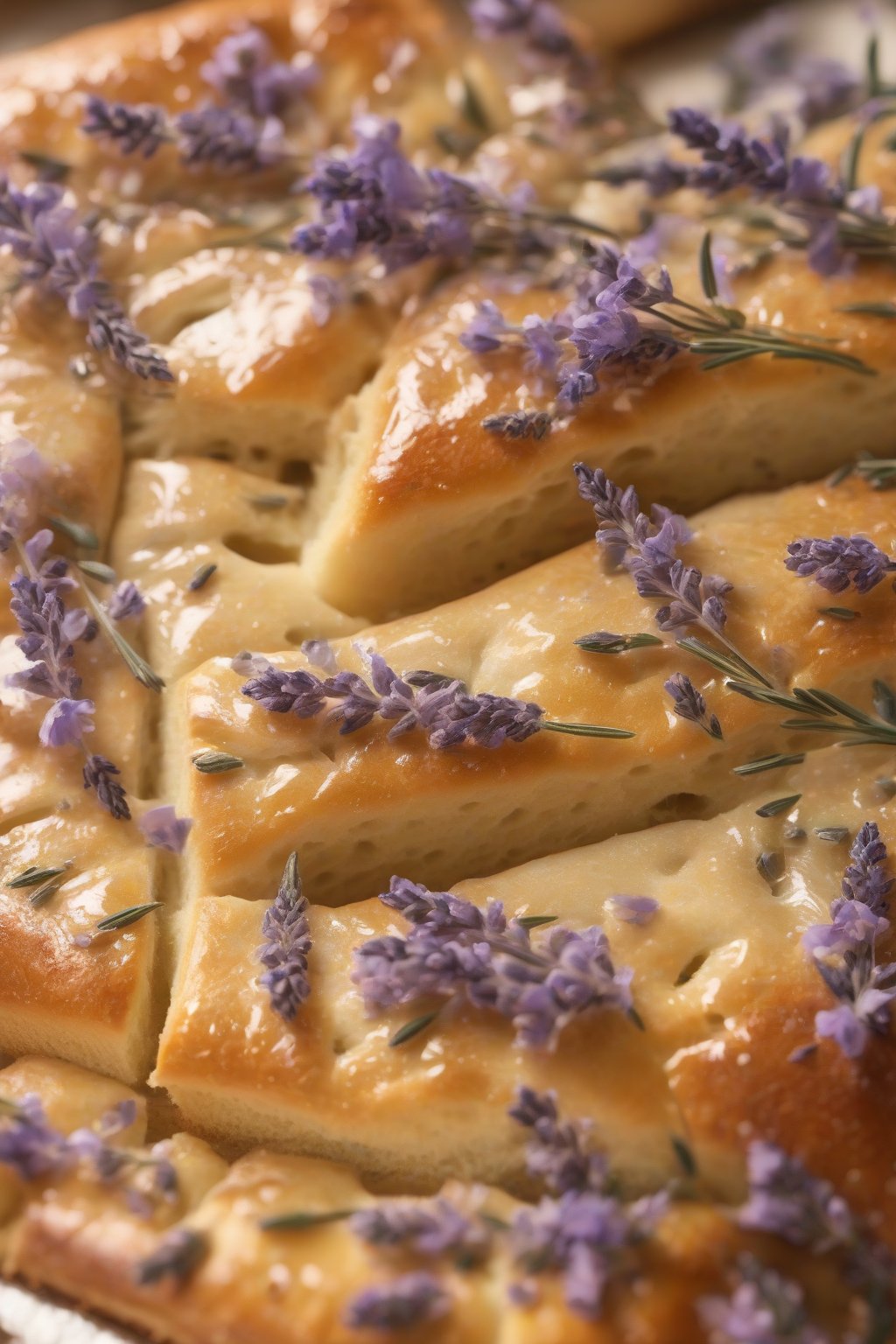 A close-up photo of honey-glazed focaccia with lavender buds, soft purple flecks on golden loaf, under soft lighting.