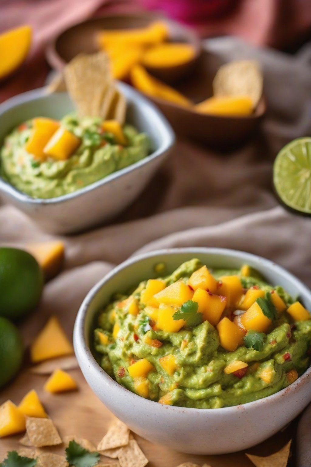 A high-resolution photo of sweet mango guacamole with golden mango pieces shining through, in a colorful ceramic bowl, under soft lighting.
