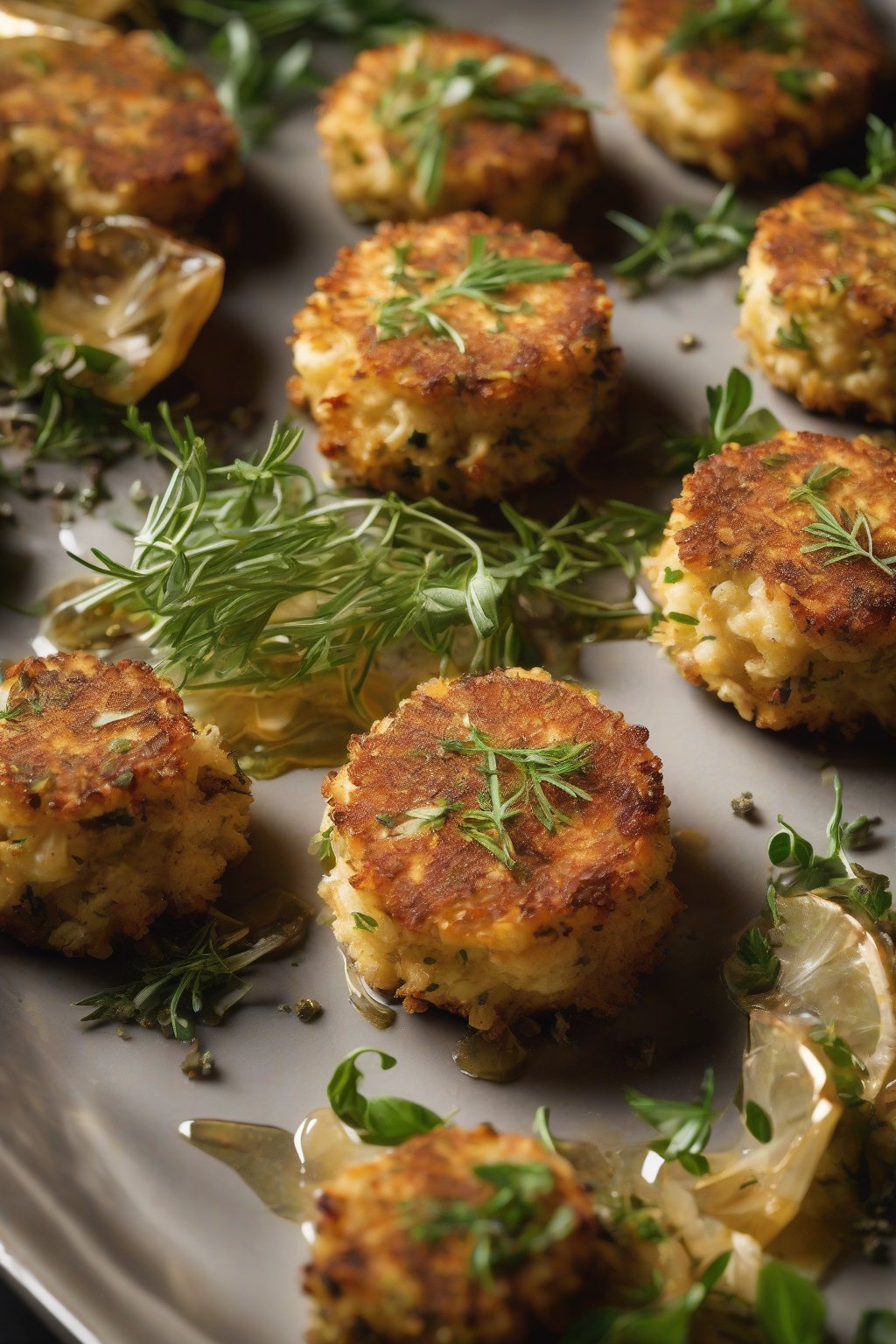 A close-up photo of truffle-infused golden crab cakes dusted with herbs, elegant plating under soft lighting.