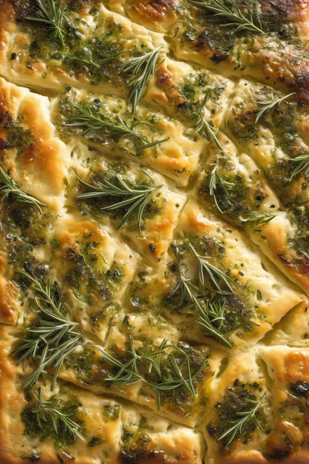 A close-up photo of multi-herb focaccia with rosemary, thyme, and oregano, vibrant green mosaic glistening, under soft lighting.