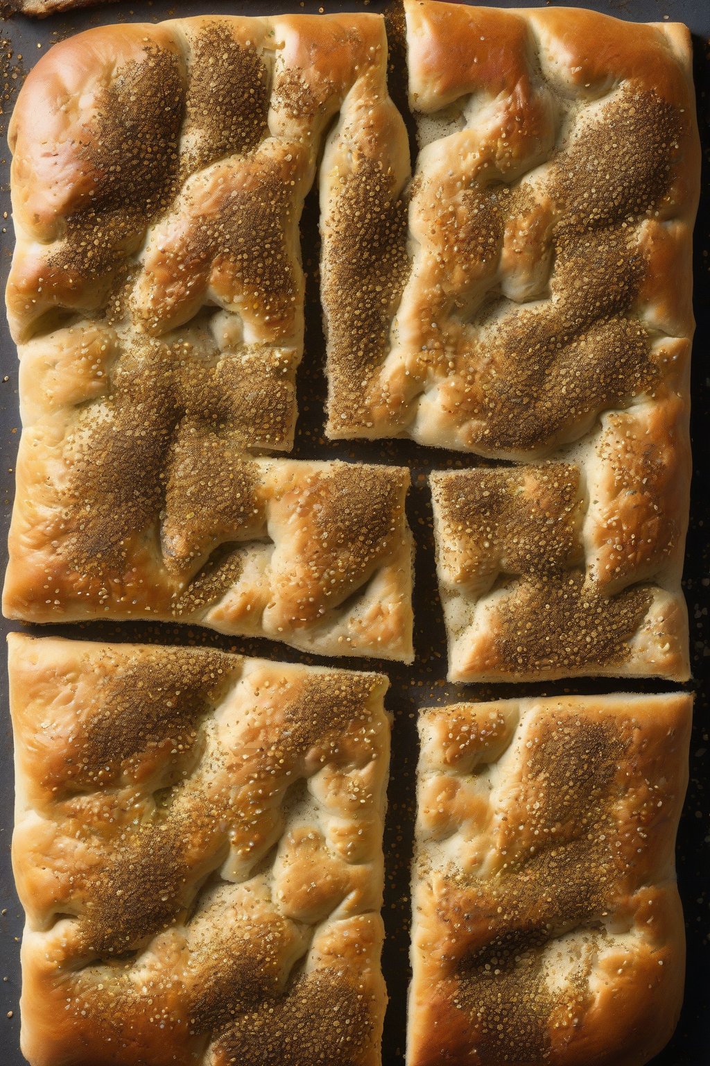 A close-up photo of za'atar-dusted focaccia with sesame seeds, earthy spices on bubbly surface, under soft lighting.