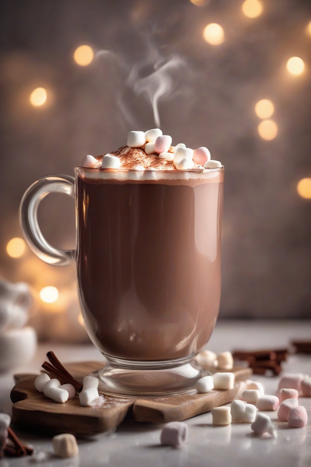 A high-resolution photo of a steaming mug of classic hot chocolate topped with melting mini marshmallows under soft lighting.