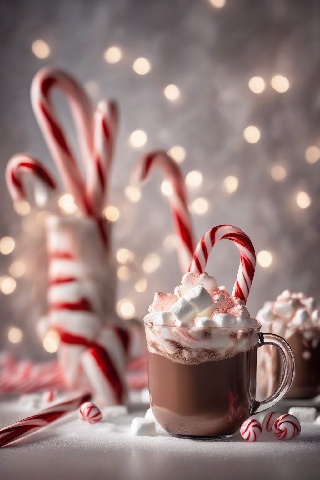 A high-resolution photo of peppermint hot chocolate swirling with red-and-white candy cane bits and fluffy marshmallows under soft lighting.