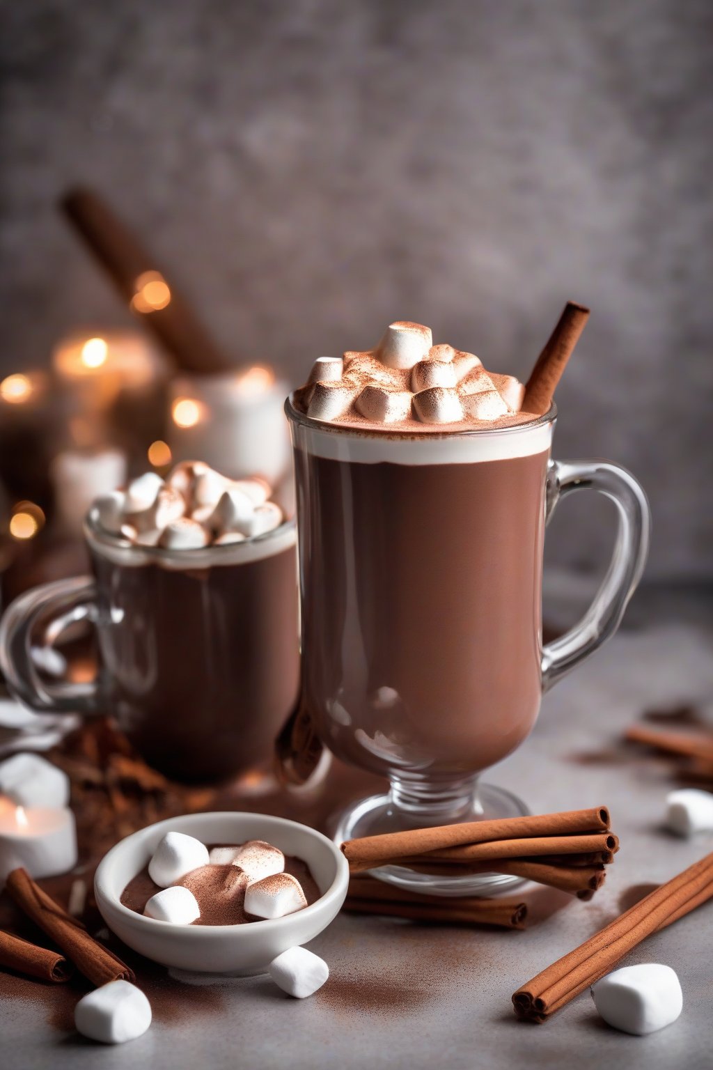 A high-resolution photo of spicy Mexican hot chocolate dusted with cinnamon and piled with marshmallows under soft lighting.