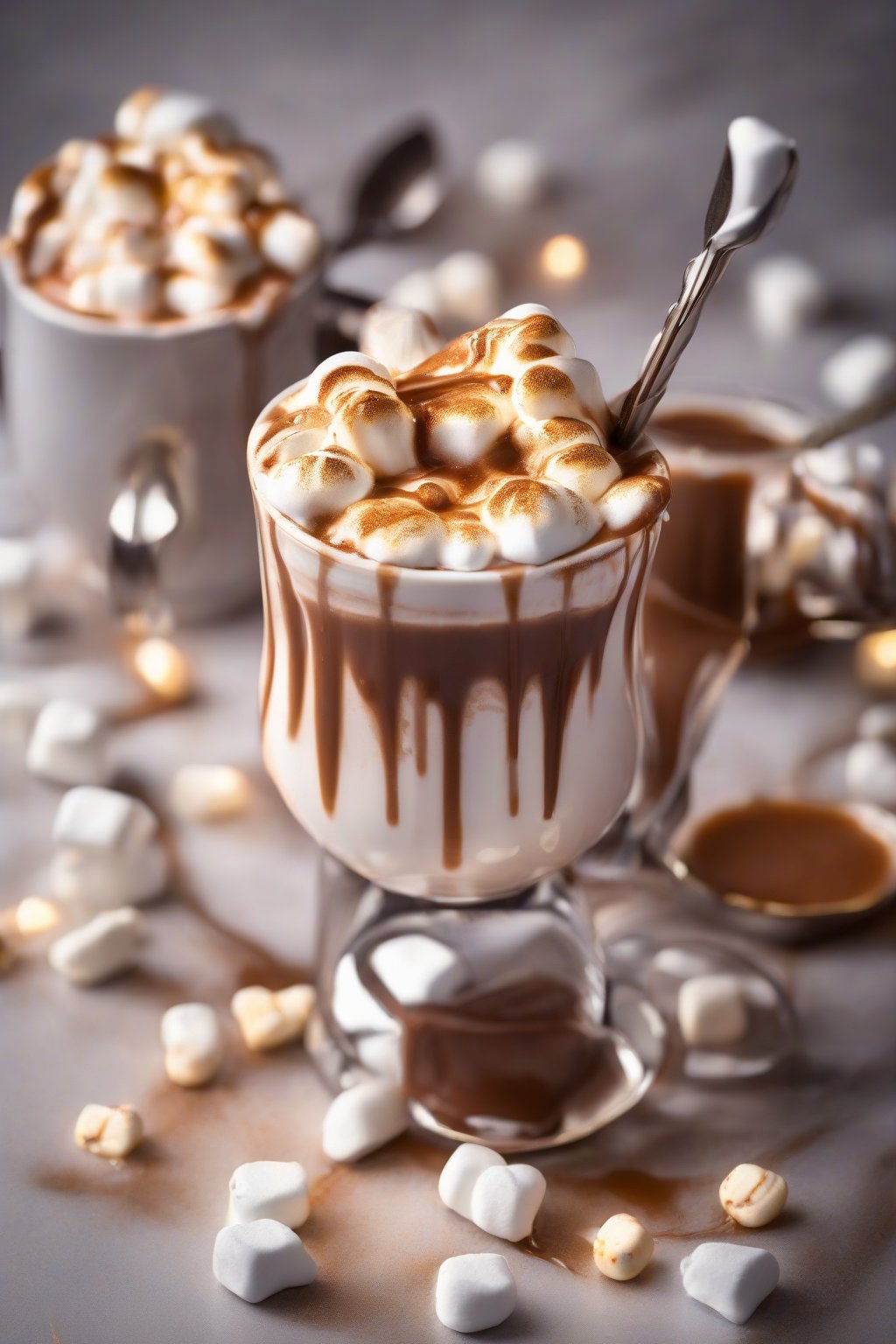 A high-resolution photo of salted caramel hot chocolate with golden drizzles and toasted marshmallows under soft lighting.