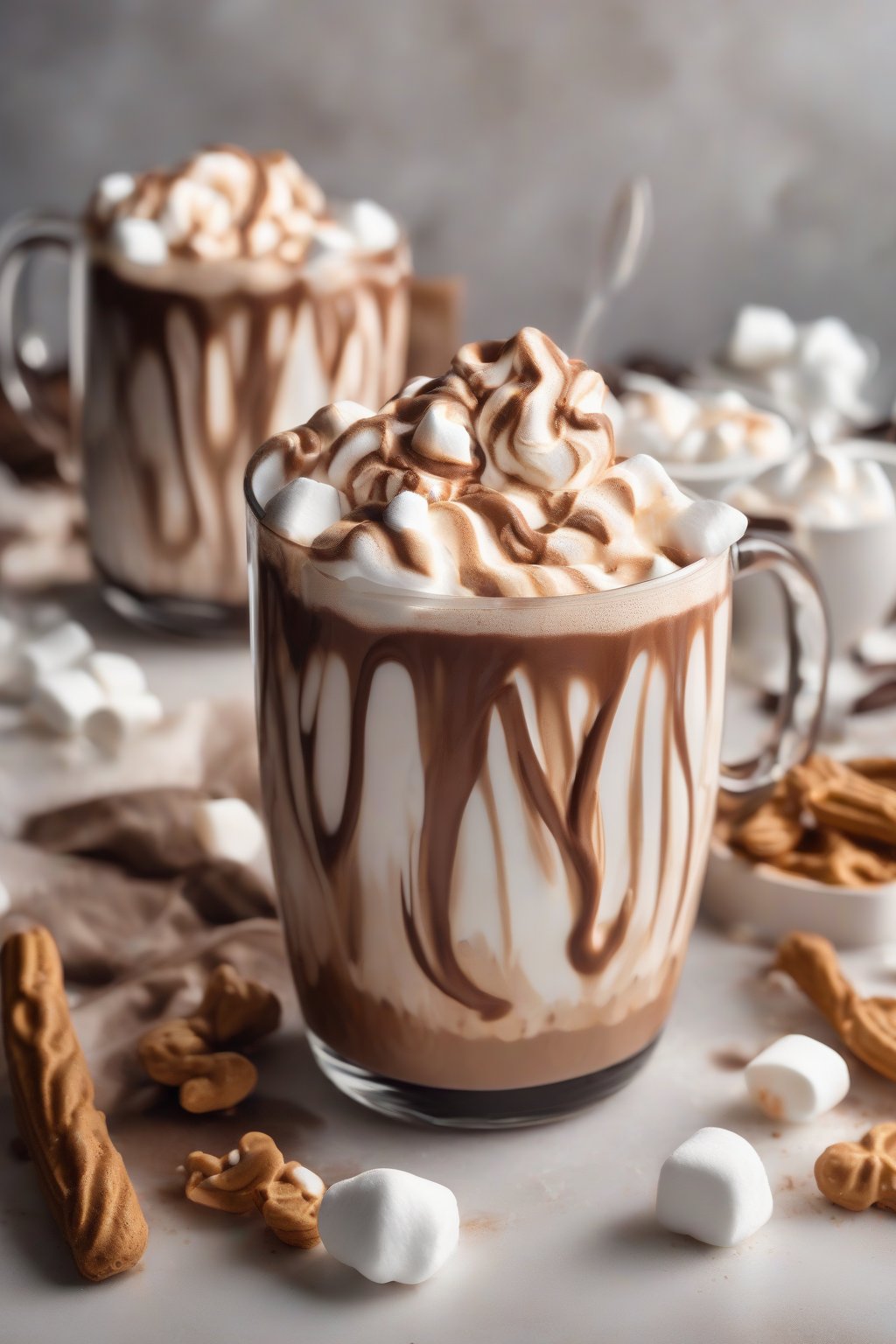 A high-resolution photo of peanut butter hot chocolate swirled with nutty ribbons and fluffy marshmallows under soft lighting.