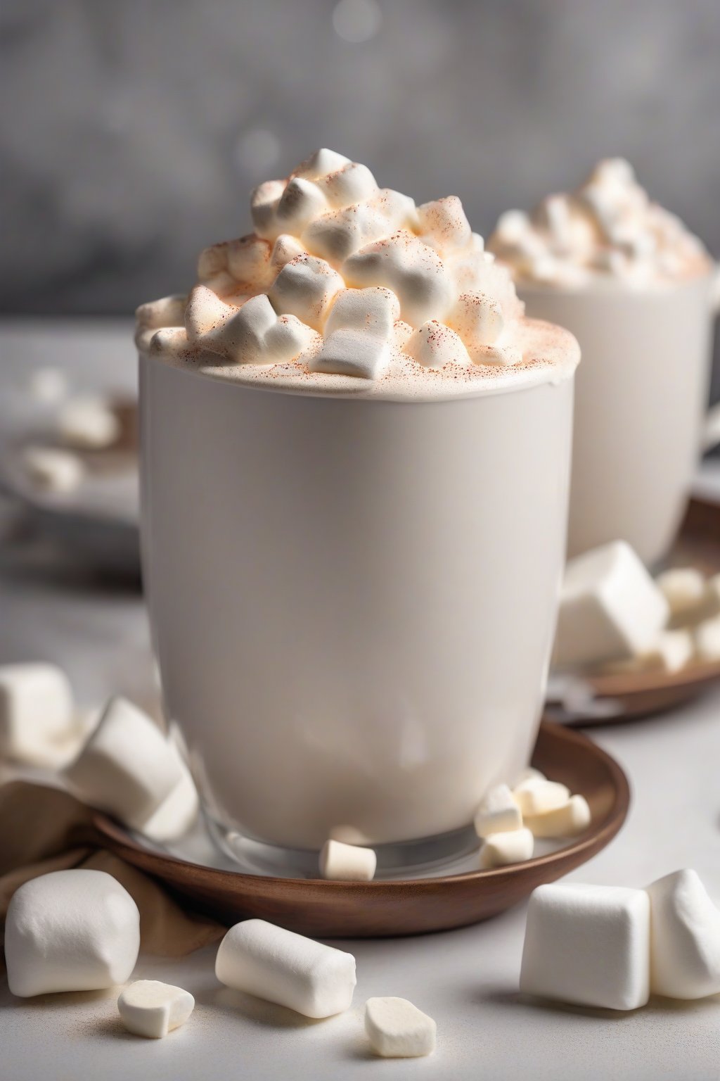 A high-resolution photo of creamy white hot chocolate topped with vanilla flecks and oversized marshmallows under soft lighting.