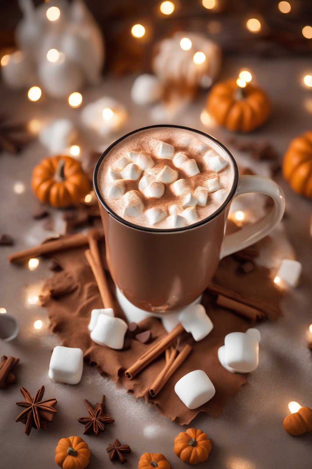 A high-resolution photo of pumpkin spice hot chocolate with foam art and cinnamon-dusted marshmallows under soft lighting.