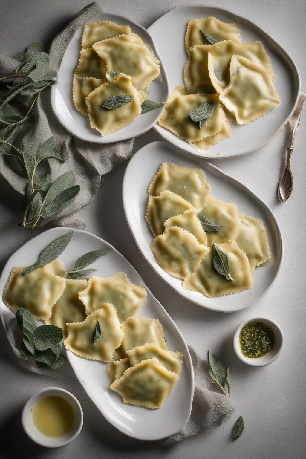A high-resolution photo of golden spinach and ricotta ravioli arranged on a white plate, drizzled with sage butter, under soft lighting.