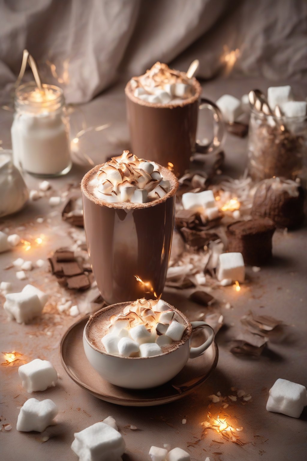 A high-resolution photo of coconut hot chocolate garnished with toasted shreds and fluffy marshmallows under soft lighting.