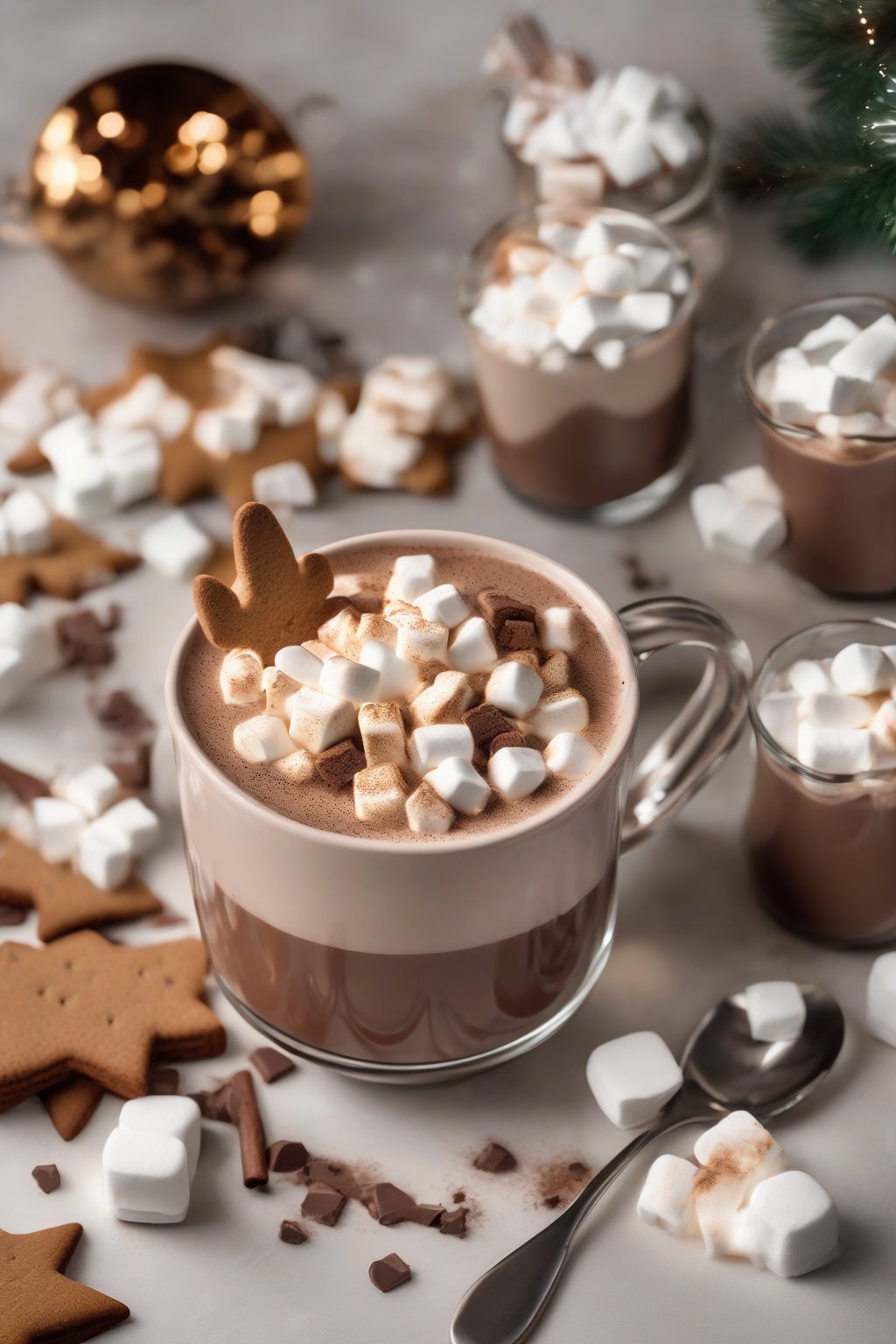 A high-resolution photo of gingerbread hot chocolate spiced with cookie crumbles and marshmallows under soft lighting.