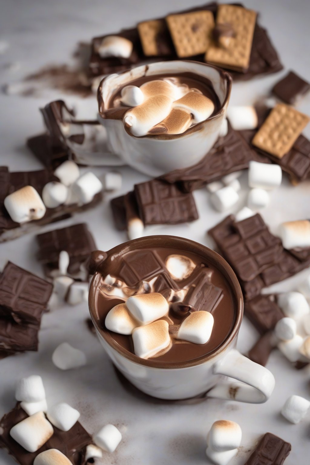 A high-resolution photo of s'mores hot chocolate with graham rims and charred marshmallows under soft lighting.