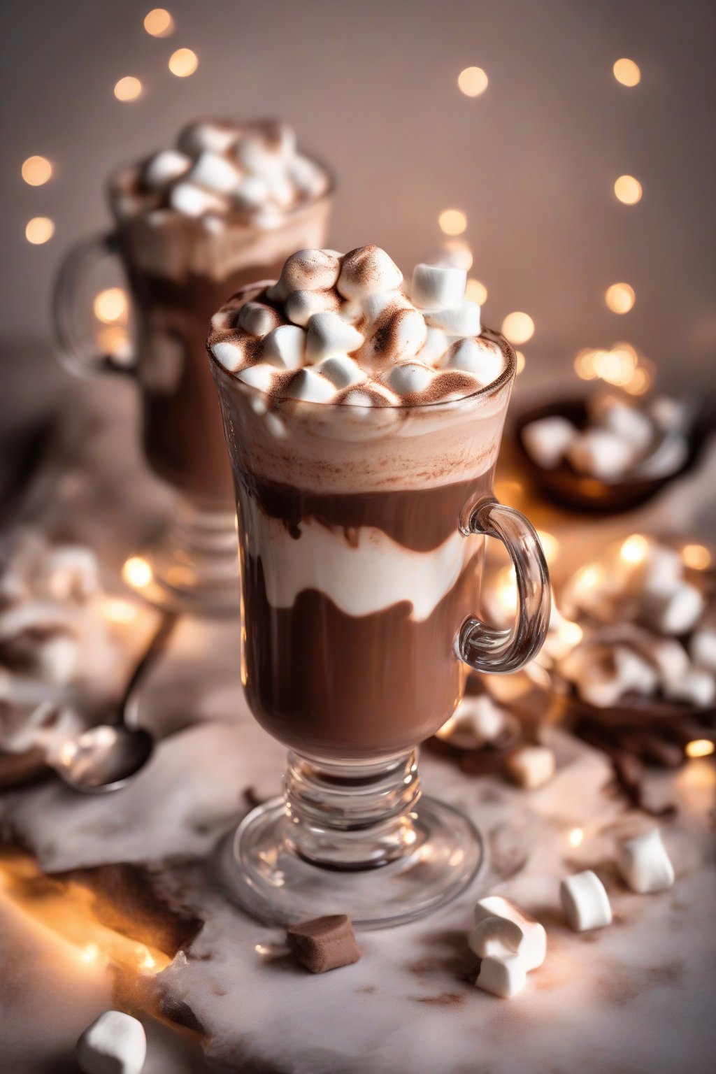 A high-resolution photo of boozy hot chocolate laced with cream swirls and piled-high marshmallows under soft lighting.