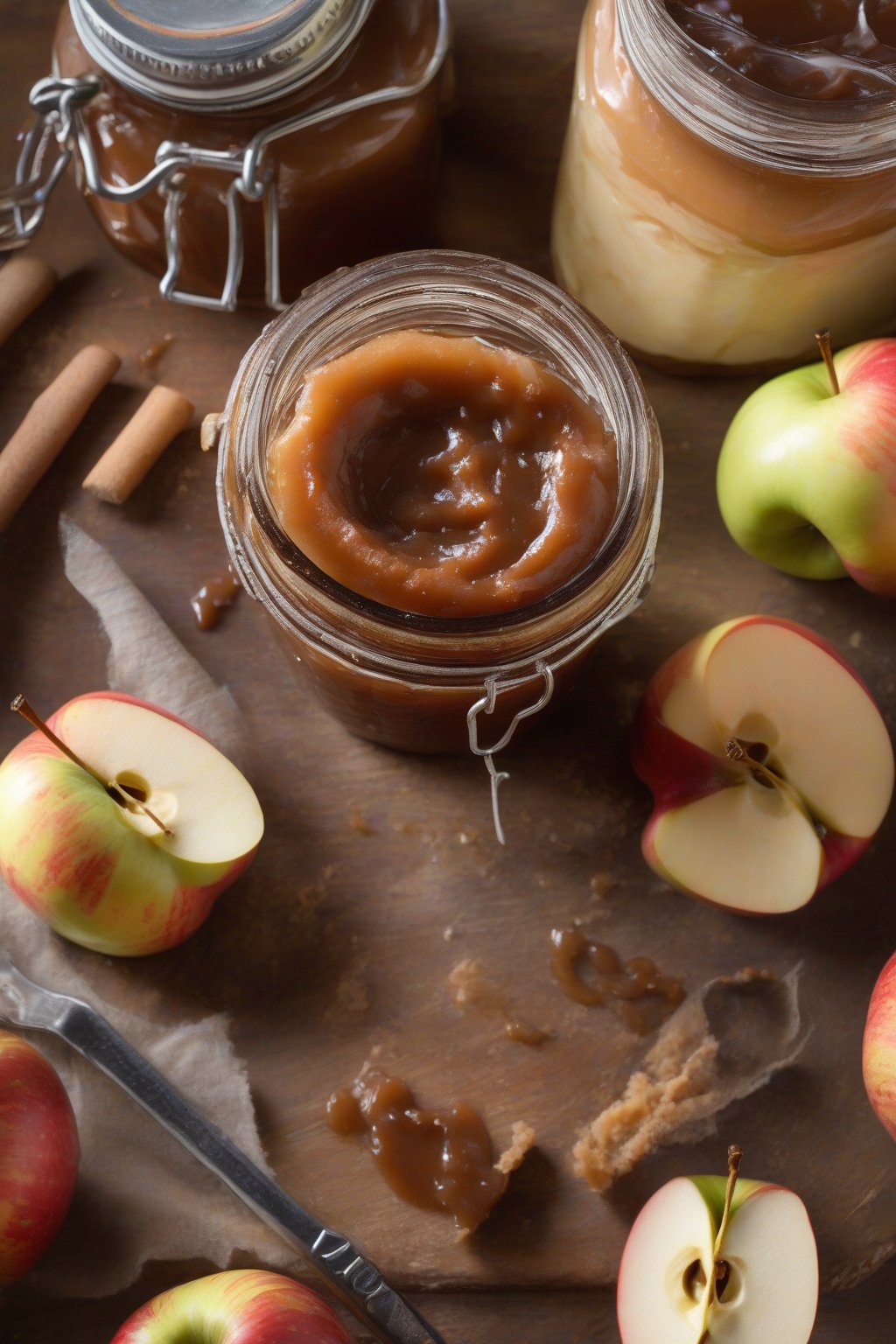 A high-resolution photo of classic homemade apple butter in a glass jar, swirled on toast with butter, under soft lighting.