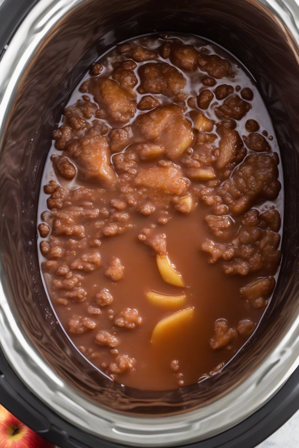 A high-resolution photo of slow cooker spiced apple butter bubbling in a crockpot, with steam rising, under soft lighting.