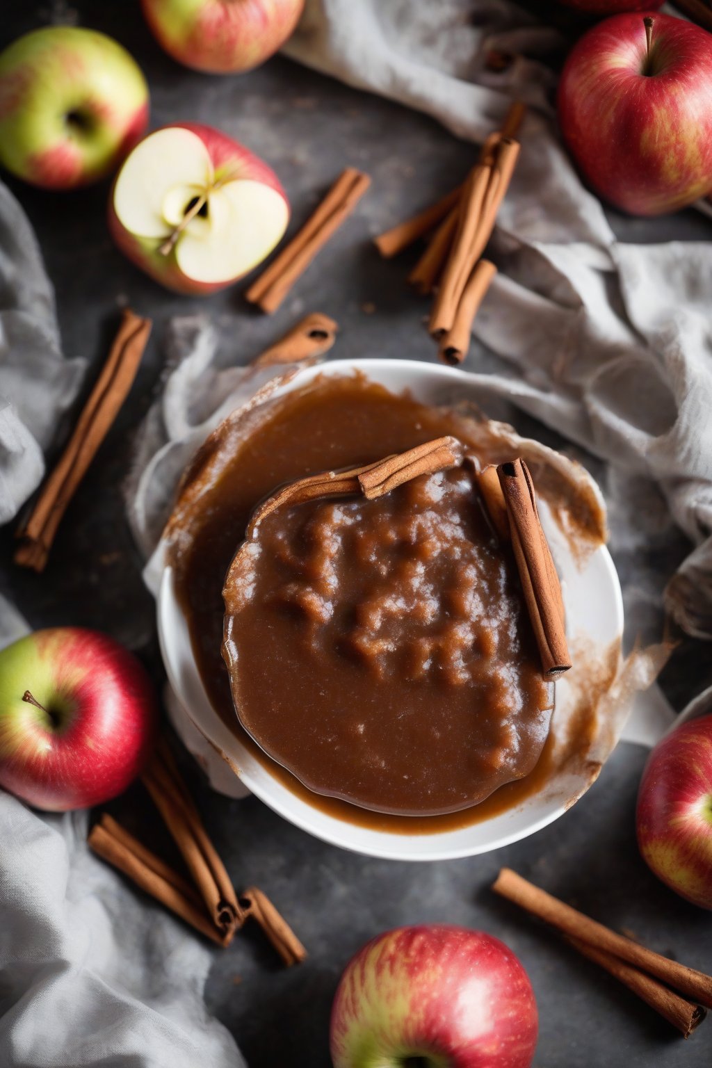 A high-resolution photo of Instant Pot apple butter in a white bowl, topped with cinnamon sticks, under soft lighting.