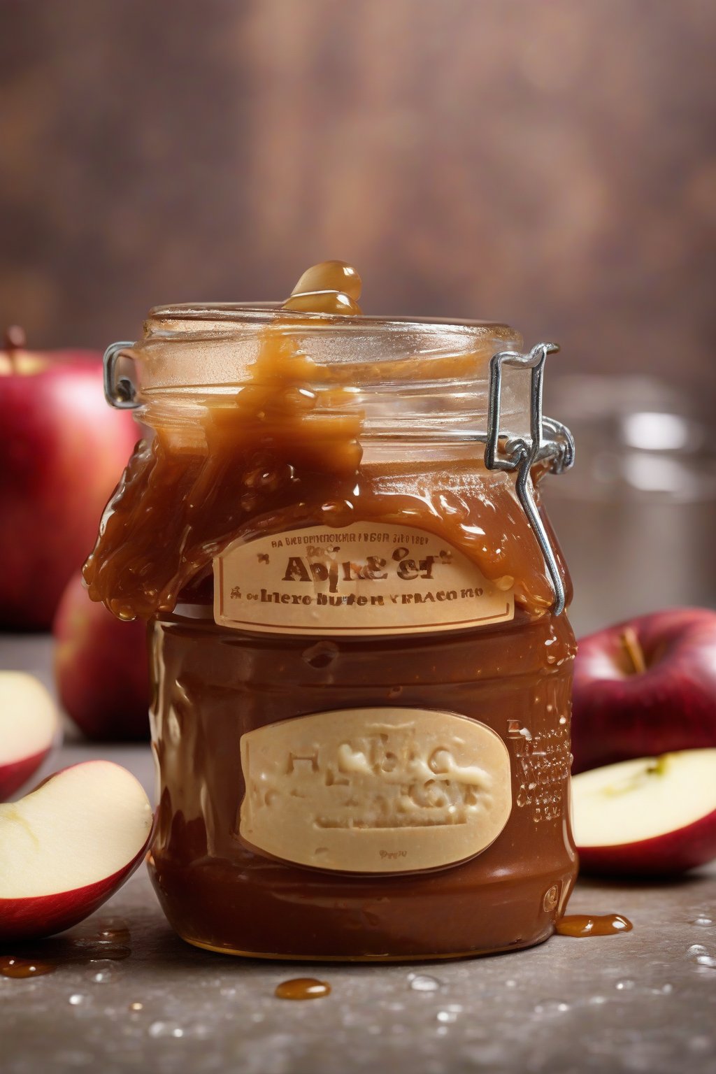 A high-resolution photo of bourbon-infused apple butter spread on a cracker with cheese, droplets of condensation on the jar, under soft lighting.