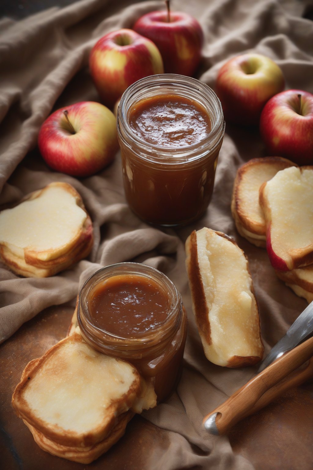 A high-resolution photo of vanilla bean apple butter in a jar with visible specks, dolloped on pancakes, under soft lighting.