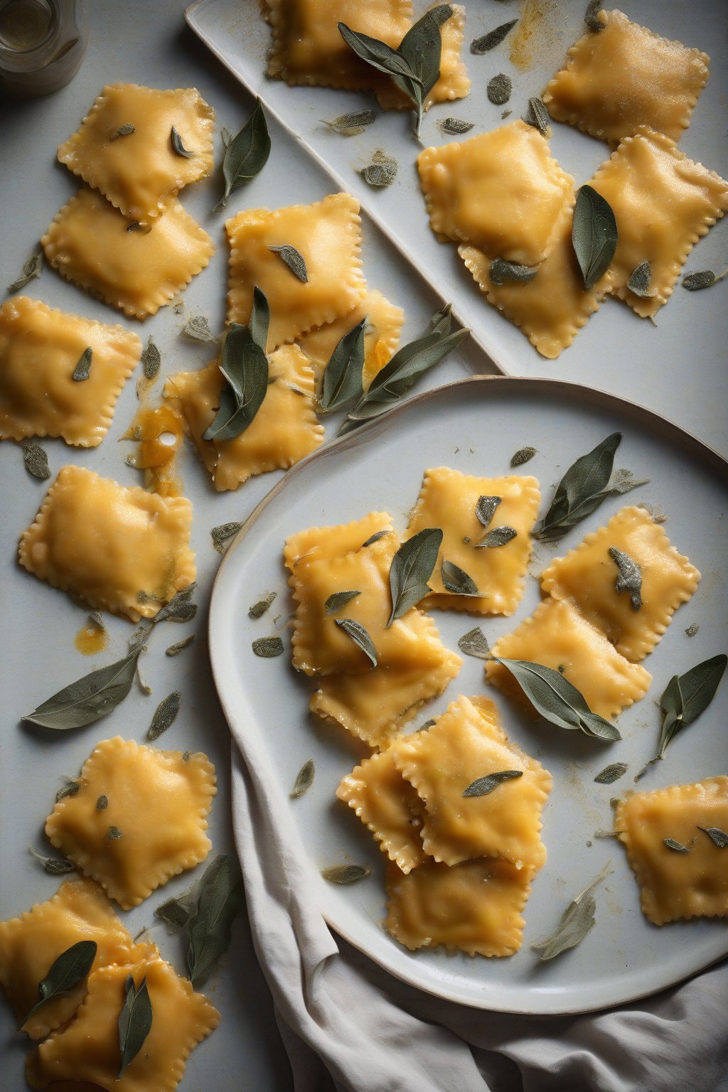A high-resolution photo of orange-hued butternut squash ravioli in a pool of browned sage butter, garnished with fried sage leaves, under soft lighting.