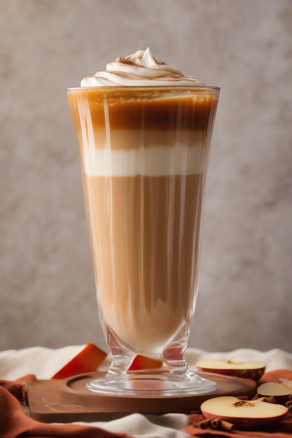 A high-resolution photo of pumpkin spice apple butter layered in a latte glass with foam art, under soft lighting.