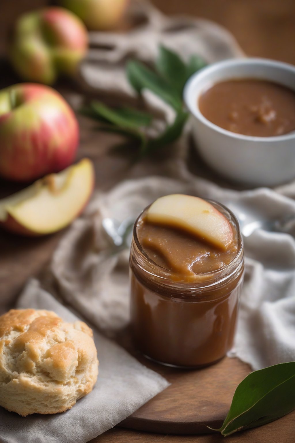 A high-resolution photo of ginger apple butter on a scone with fresh ginger slices garnish, under soft lighting.