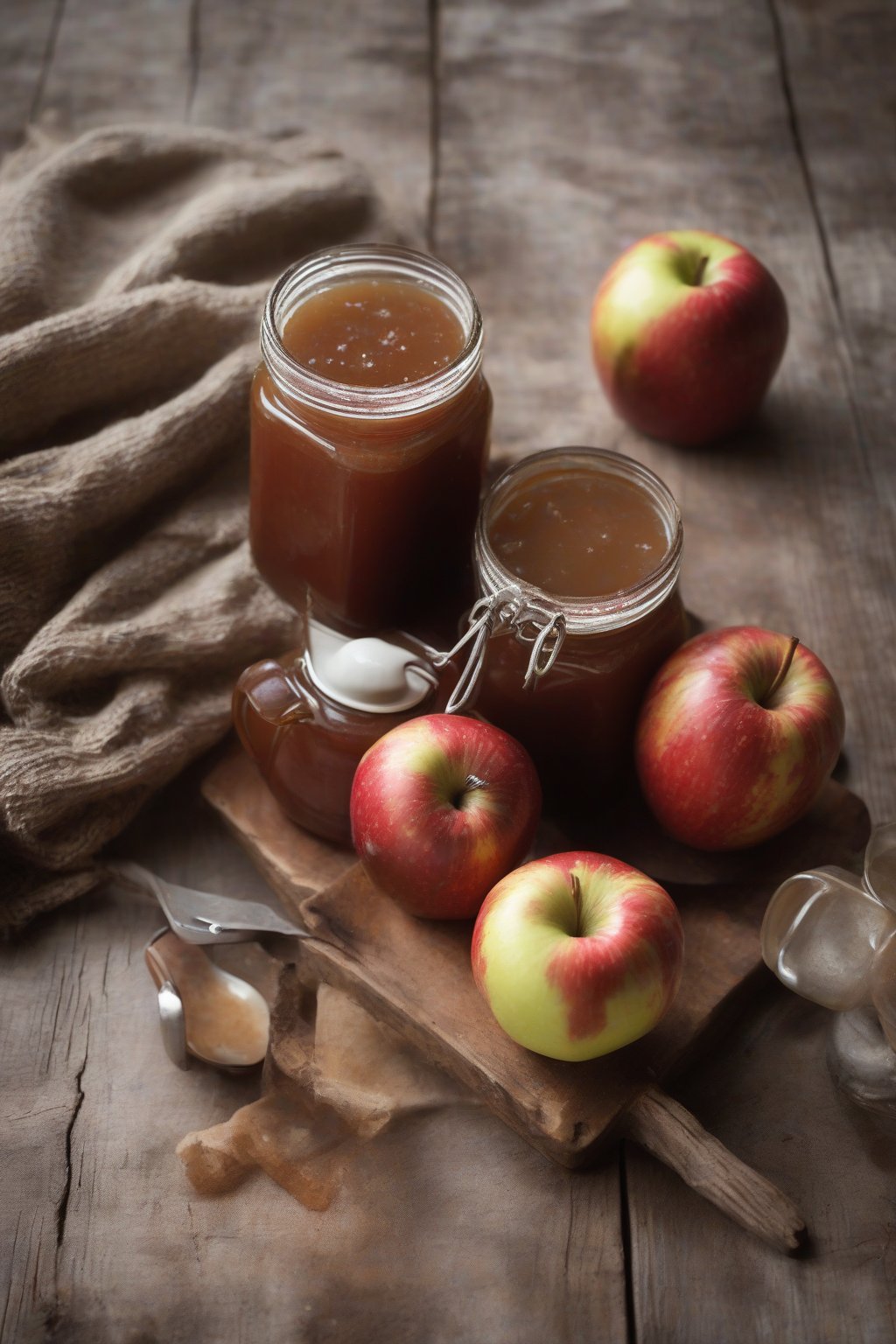A high-resolution photo of apple cider apple butter in a rustic jar beside a mug of cider, under soft lighting.