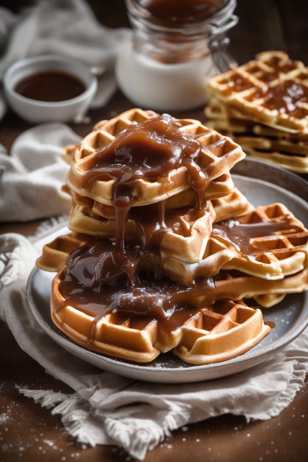 A high-resolution photo of maple apple butter drizzled on waffles with powdered sugar, under soft lighting.
