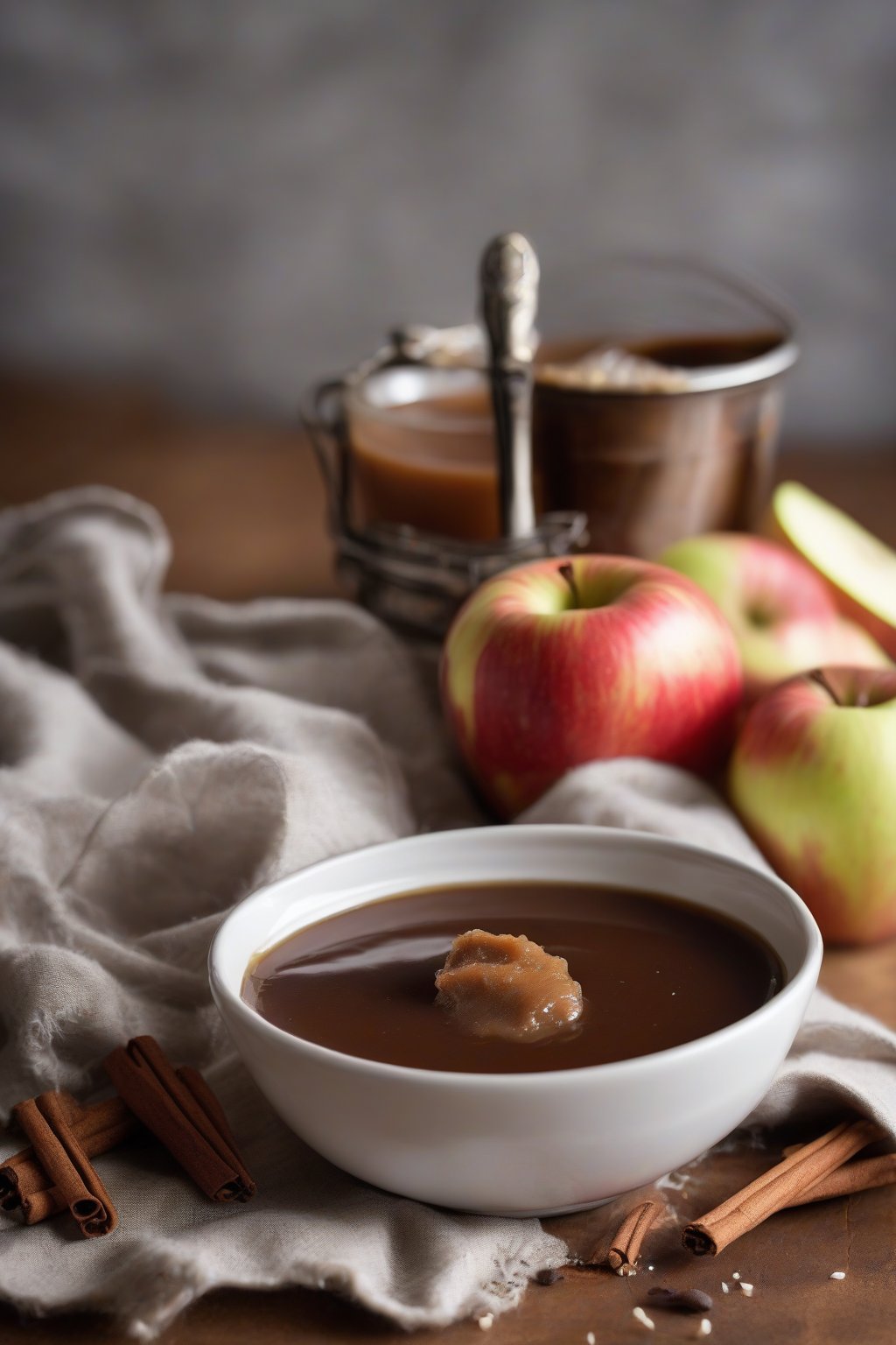 A high-resolution photo of chai-spiced apple butter in a bowl with chai tea bag garnish, under soft lighting.