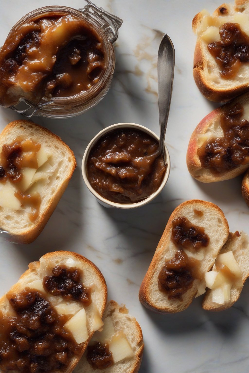 A high-resolution photo of rum raisin apple butter with visible raisins, spread on baguette, under soft lighting.