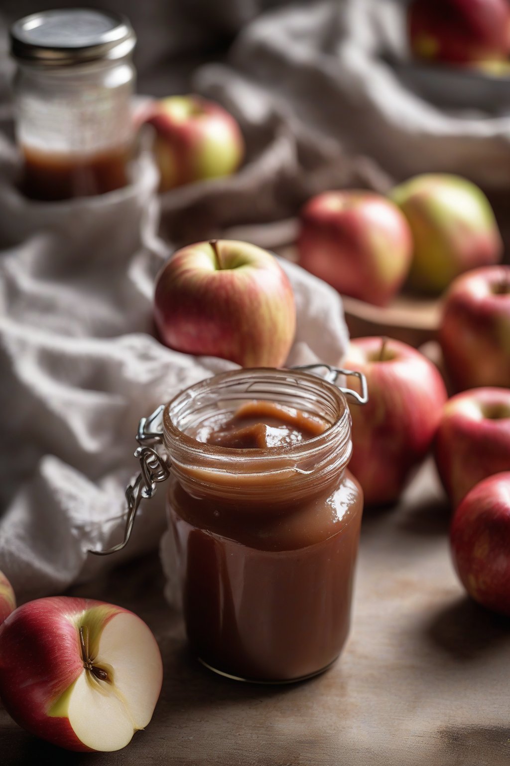 A high-resolution photo of sugar-free apple butter in a clear jar next to fresh apples, under soft lighting.