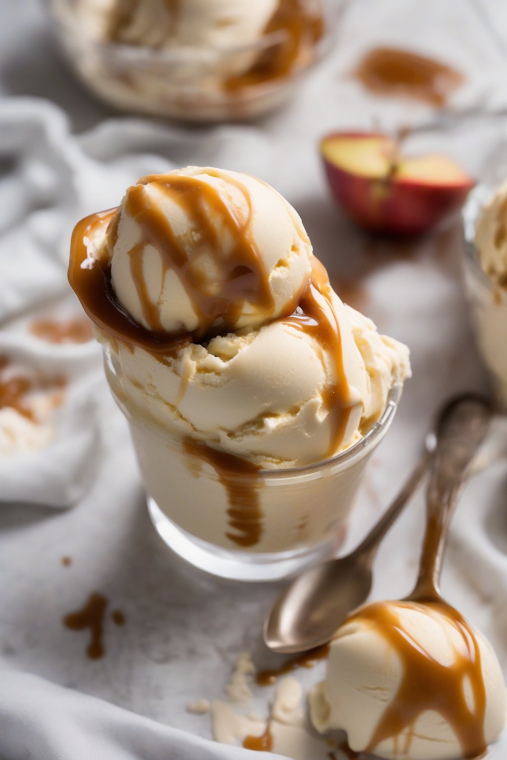 A high-resolution photo of caramel apple butter swirled into vanilla ice cream, under soft lighting.