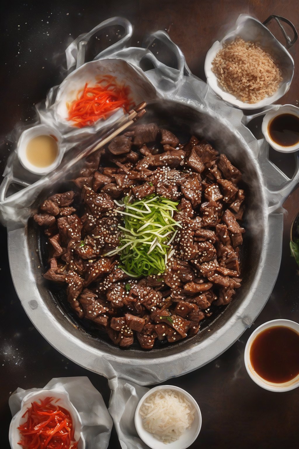 A high-resolution photo of sizzling classic beef bulgogi on a hot grill, garnished with sesame seeds, under soft lighting.