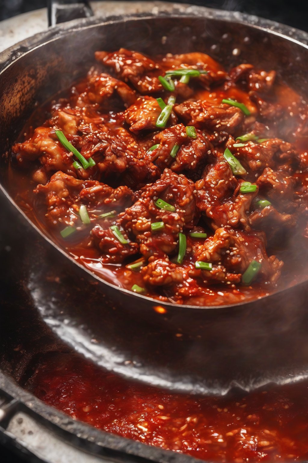 A close-up photo of spicy gochujang chicken bulgogi in a steaming wok, red sauce glistening, under soft lighting.