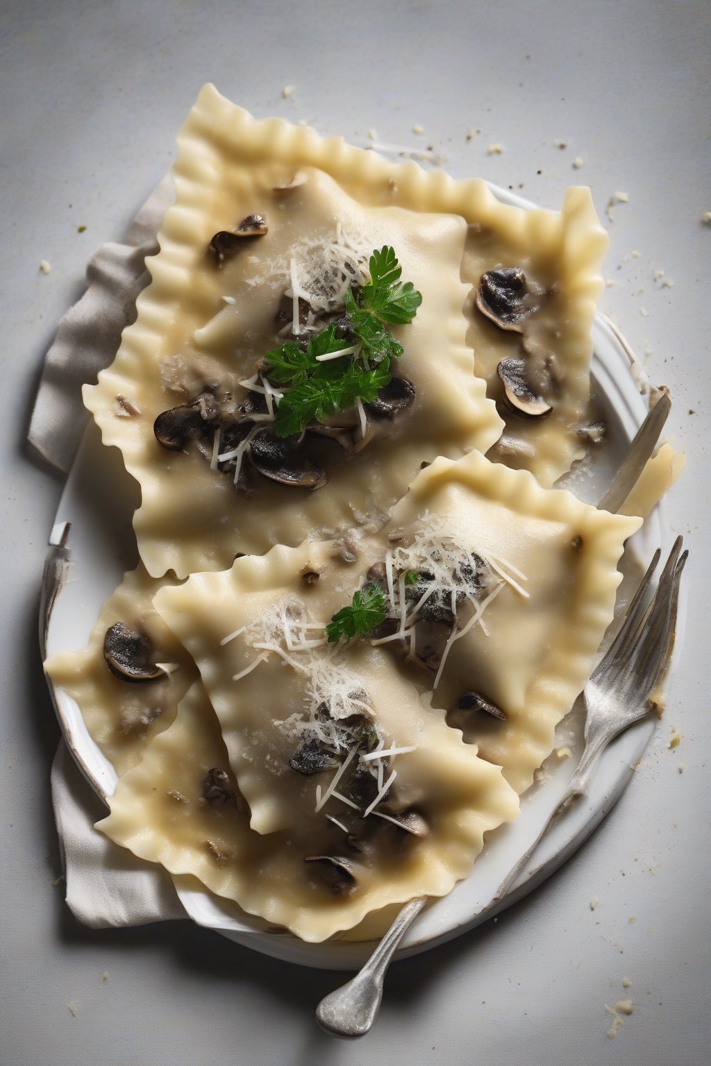 A high-resolution photo of earthy wild mushroom ravioli topped with shaved truffle and Parmesan, steam rising subtly, under soft lighting.