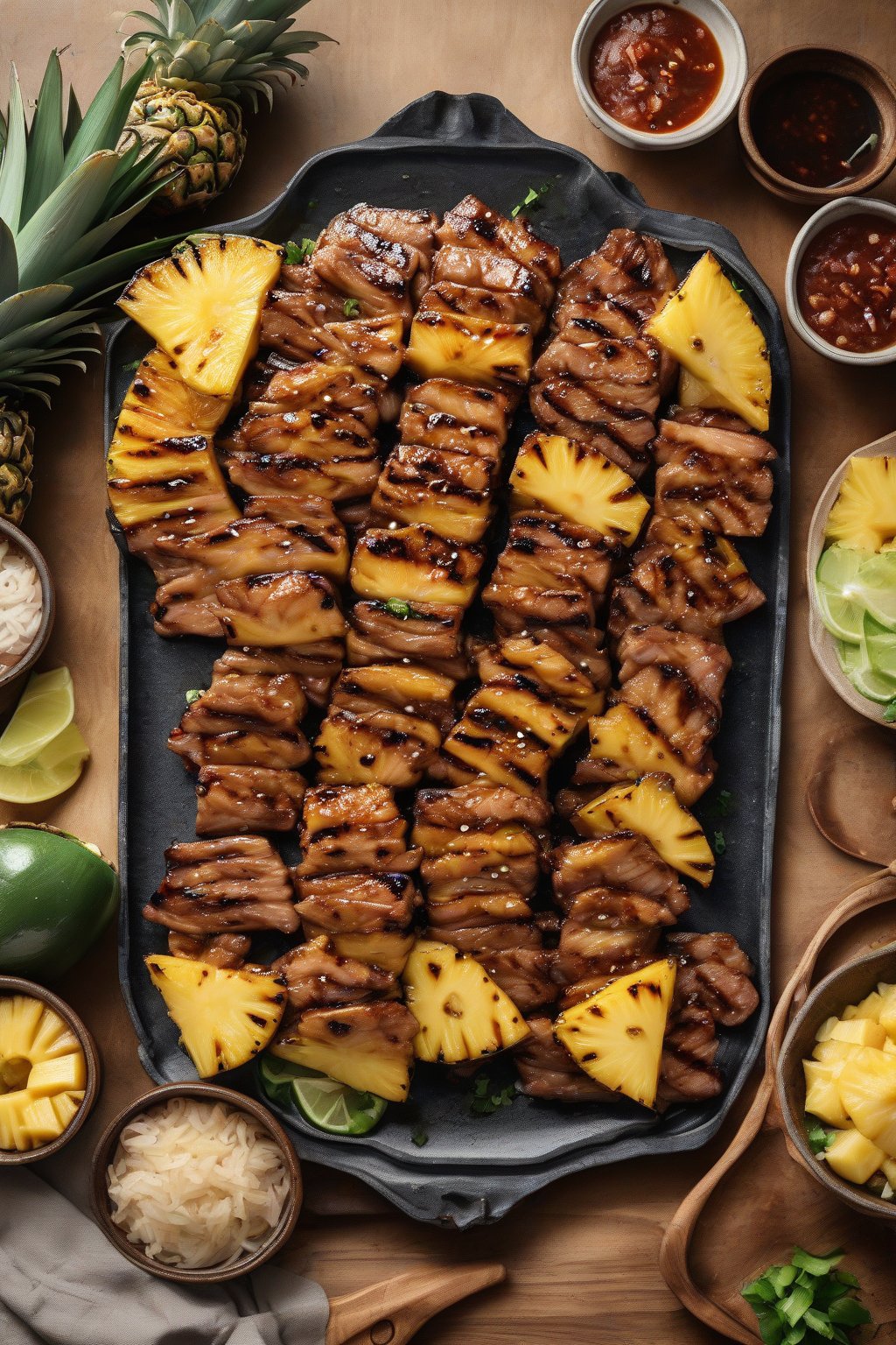 A high-resolution photo of grilled pineapple pork bulgogi slices on a platter with pineapple chunks, under soft lighting.