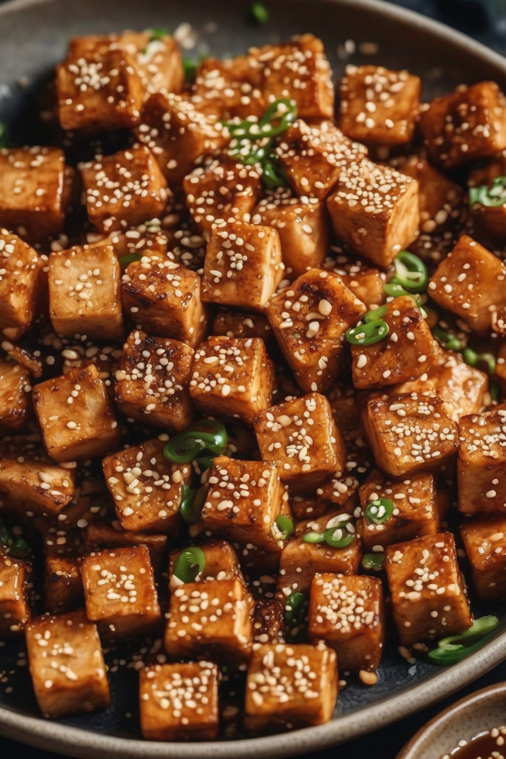 A close-up photo of crispy tofu bulgogi cubes tossed with sesame seeds in a bowl, under soft lighting.