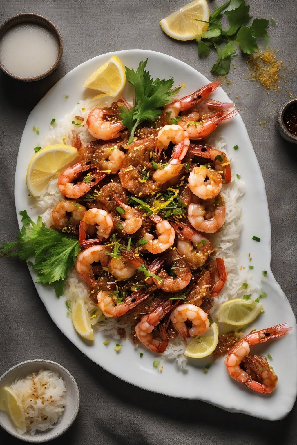 A high-resolution photo of glossy shrimp bulgogi garnished with lemon zest on a white plate, under soft lighting.