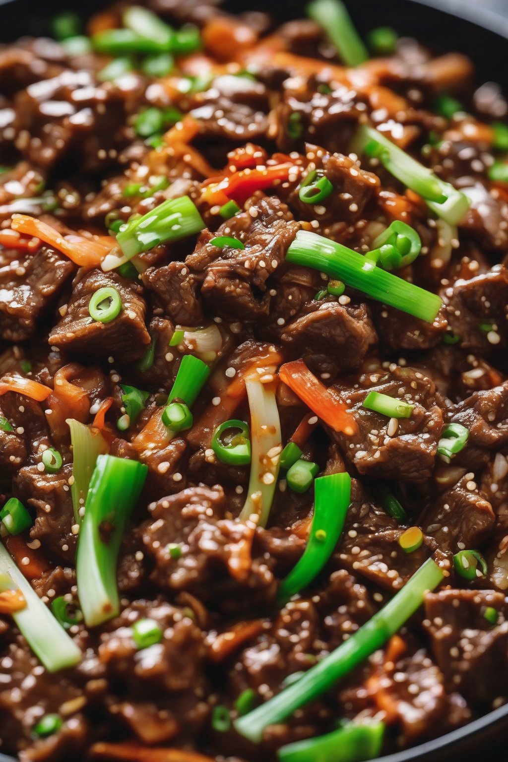 A close-up photo of kimchi beef bulgogi stir-fry with red flecks and green onions, under soft lighting.