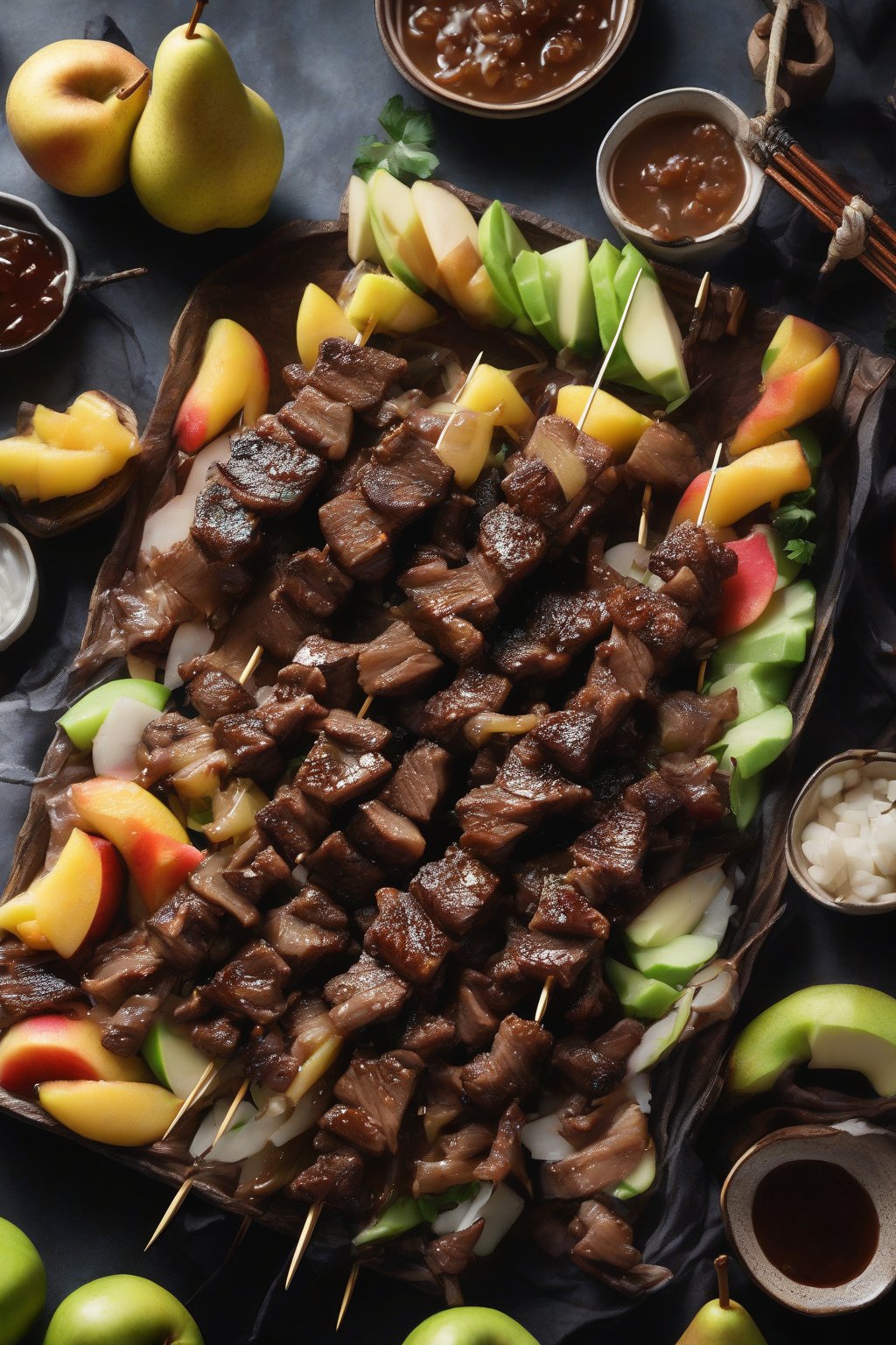 A high-resolution photo of pear-apple bulgogi beef glistening on skewers, fruit slices nearby, under soft lighting.