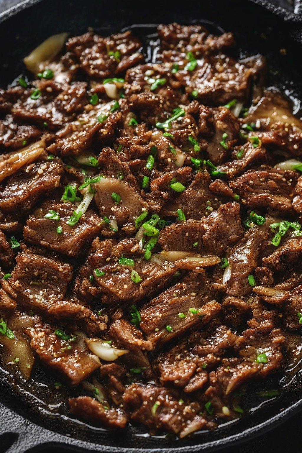 A close-up photo of garlic butter pork bulgogi with golden edges in a cast-iron skillet, under soft lighting.