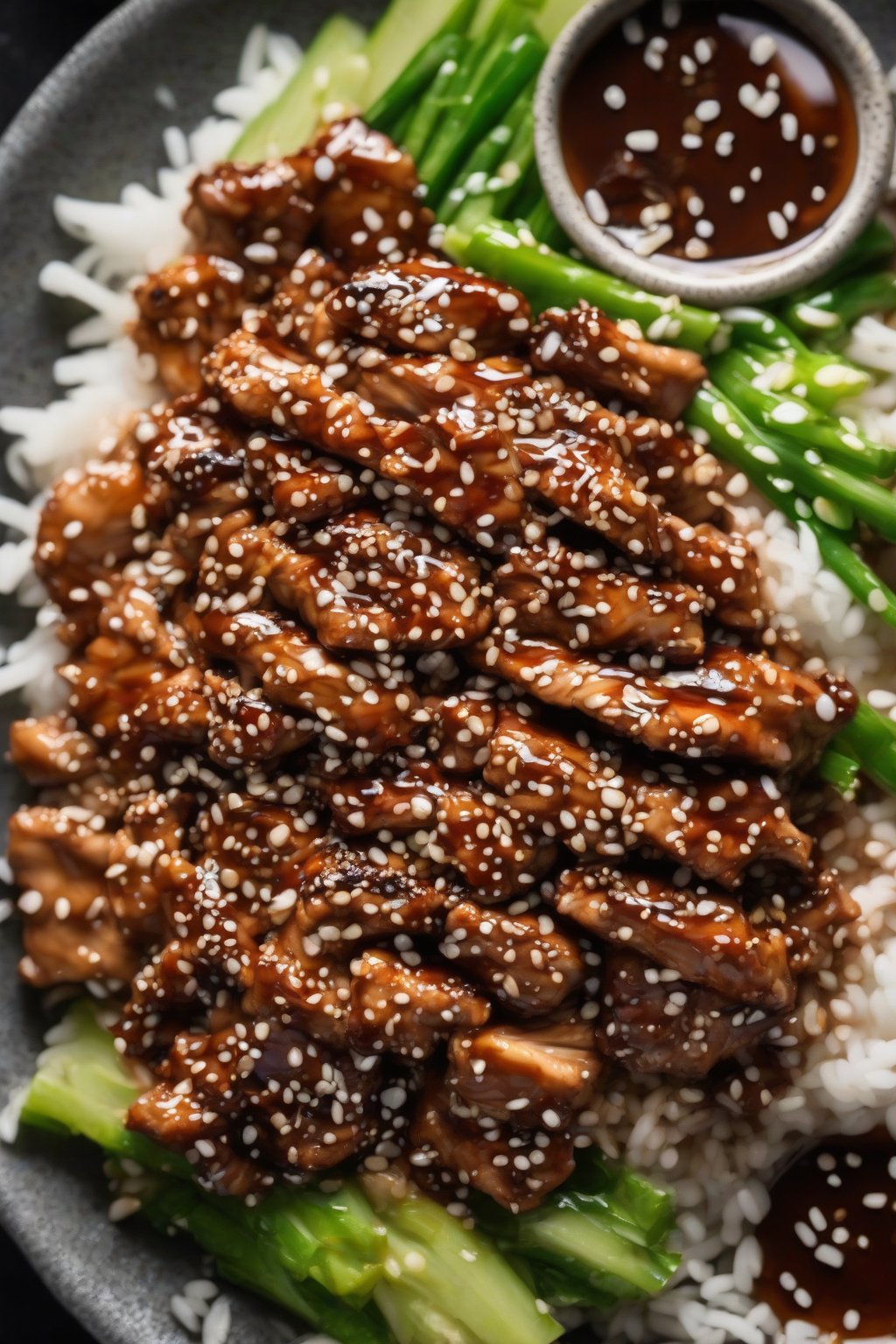 A high-resolution photo of honey sesame chicken bulgogi drizzled with glaze, sesame sprinkle, under soft lighting.