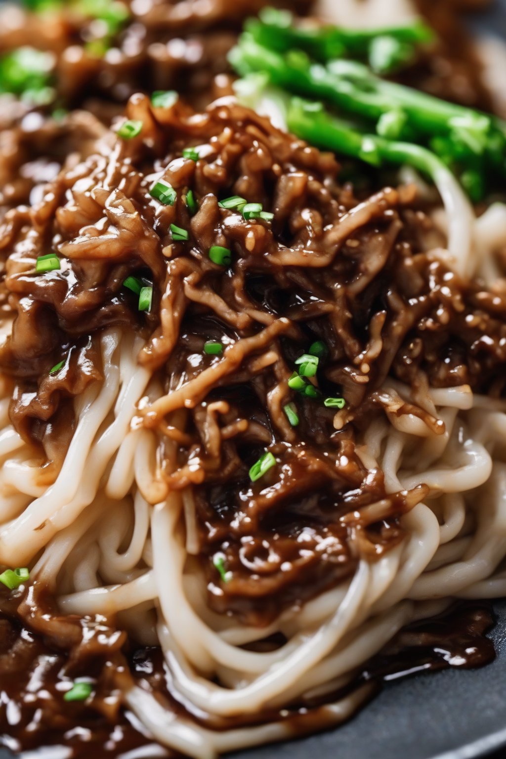 A close-up photo of enoki mushroom bulgogi tangle with glossy sauce, under soft lighting.