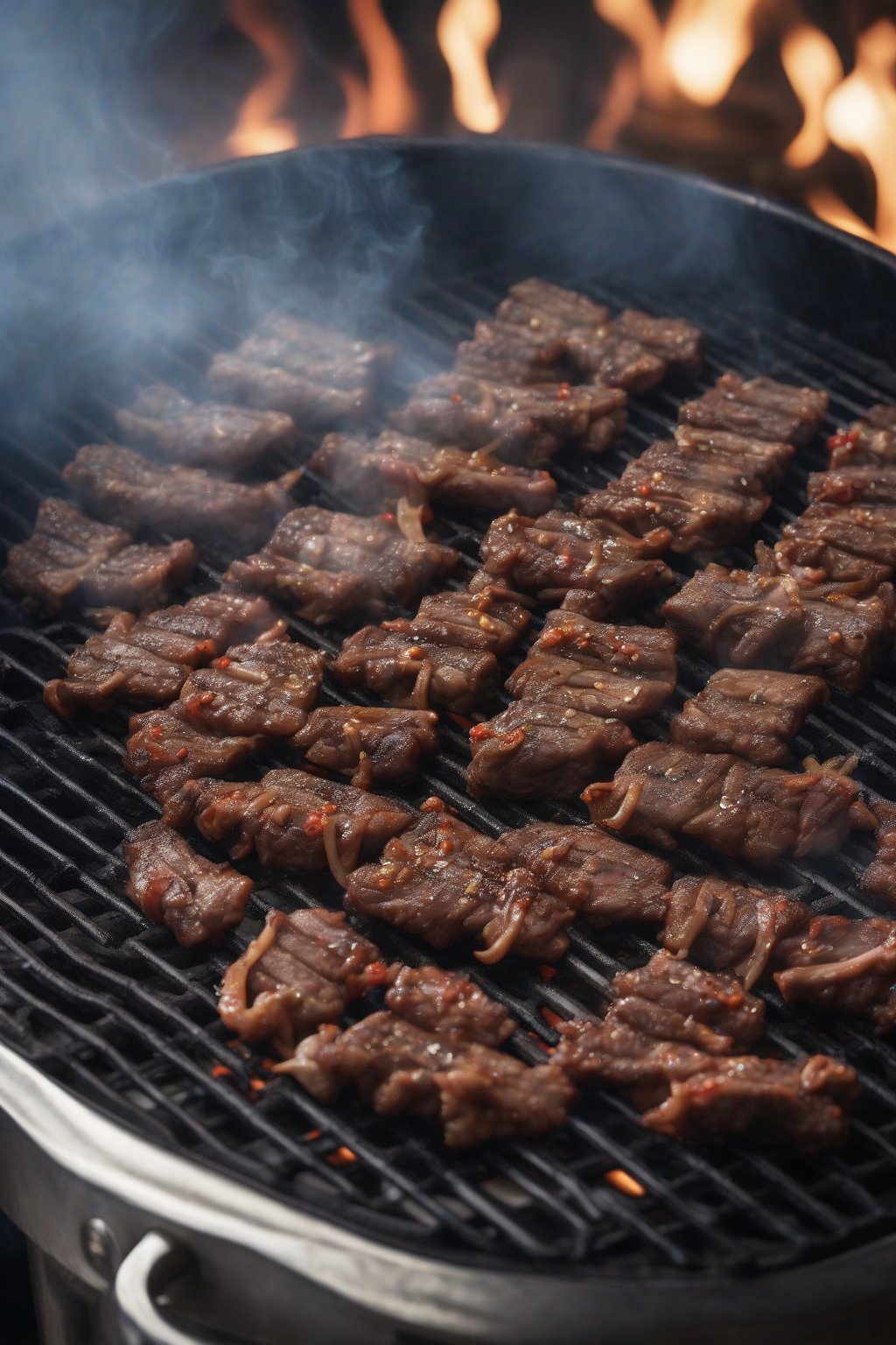 A high-resolution photo of spiced lamb bulgogi on a grill grate, smoke wisps rising, under soft lighting.