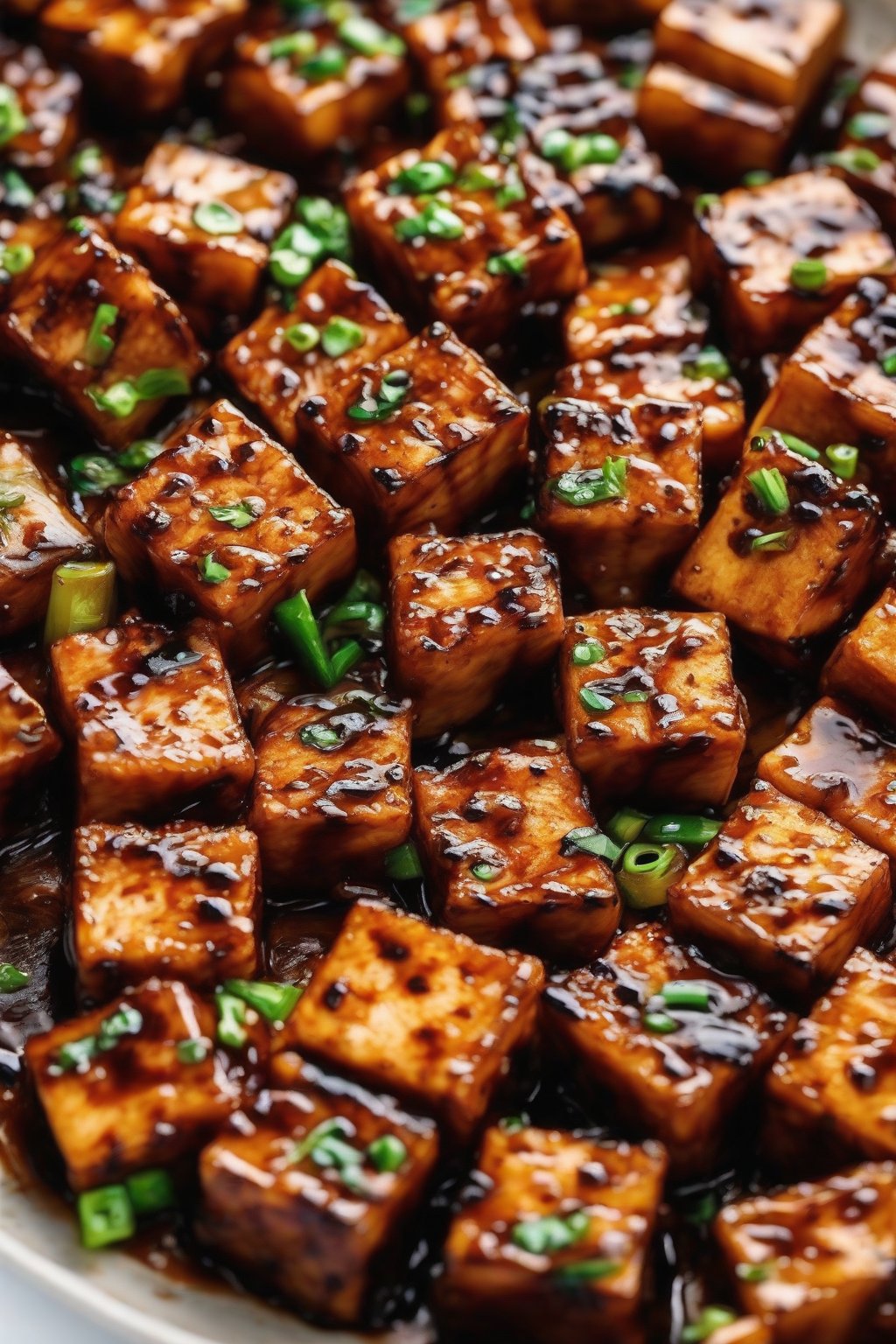 A close-up photo of teriyaki-glazed tofu bulgogi cubes with charred edges, under soft lighting.