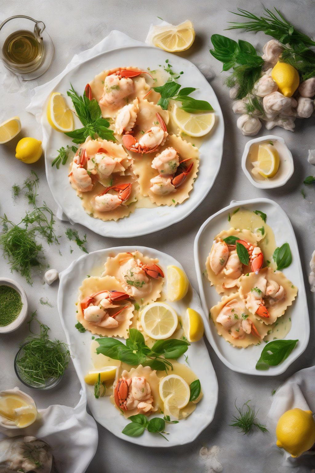 A high-resolution photo of delicate lobster ravioli on a seafood platter, brightened by lemon wedges and fresh herbs, under soft lighting.